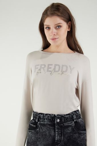 Long-sleeve t-shirt in viscose jersey with a printed gold and rhinestone detail