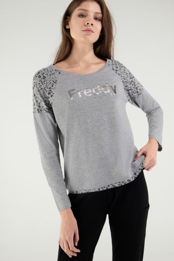 Melange grey comfort fit t-shirt with animal print melange shoulders and a gun metal graphic