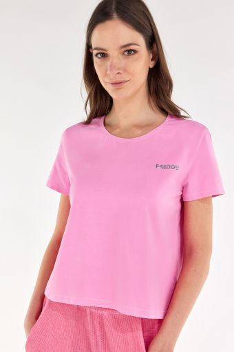 T-shirt, cut short, in lightly fluorescent jersey with small silver logo