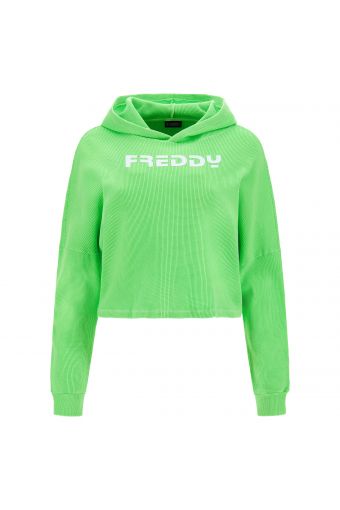 Fluorescent cropped waffle fabric hoodie with a print