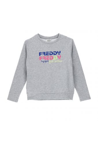 Melange grey sweatshirt with a colourful Freddy print - Girls (6-8 years)