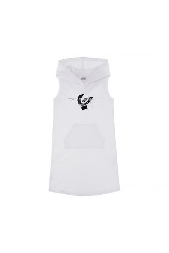 Sleeveless dress with a hood and pouch pocket