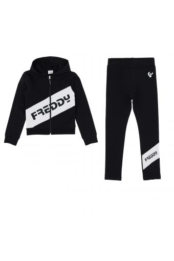 Track suit with diagonal contrast panels and a shiny print