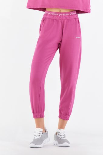 Lightweight fleece joggers with a visible branded elastic waistband