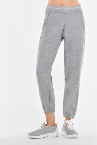 Melange grey jersey joggers with a visible branded elastic waistband
