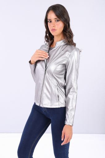 Biker jacket made from metalized faux leather