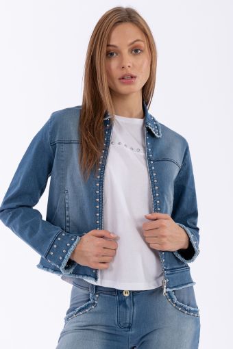 Denim-effect jacket with studs and frayed edges