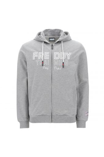Lightweight melange grey hoodie with a large white print