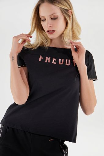 Black lightweight t-shirt with a tulle yoke and mini studs