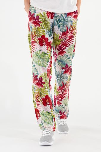 Pantaloni gamba morbida a fiori tropical in fibra vegetale