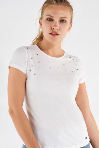 Short sleeve jersey t-shirt with bead details