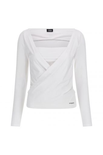 Deep-V wrap-front shirt with a shoulder opening