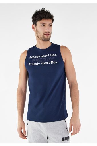 Stretch tank top with a frontal print and roomy armscye