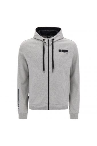 Melange grey zip-front sweatshirt with a contrast lined hood