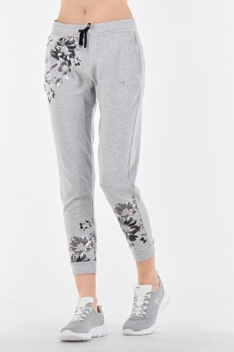 Slim fit melange trousers with cuffed ankle and floral print