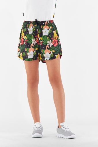 Shuttle-woven vegetable fibre shorts with all-over floral print
