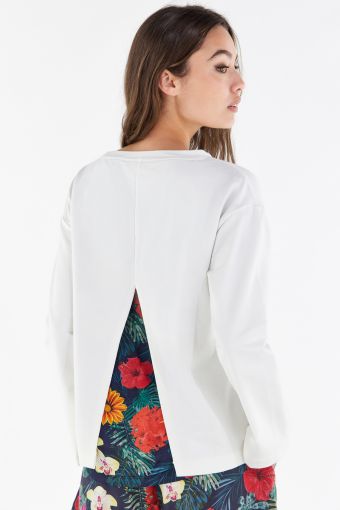 Sweatshirt with back slits and floral fabric insert