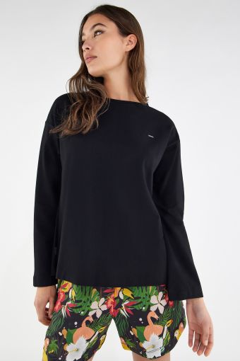 Sweatshirt with back slits and floral fabric insert