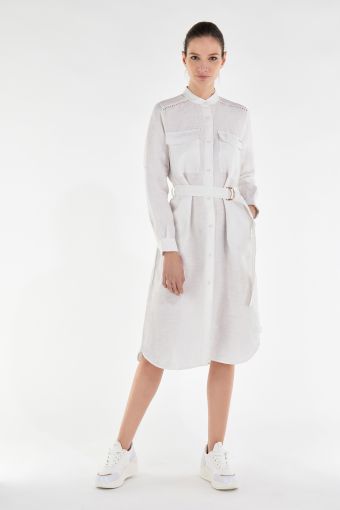 Midi shirt-dress with long sleeves in mixed linen 