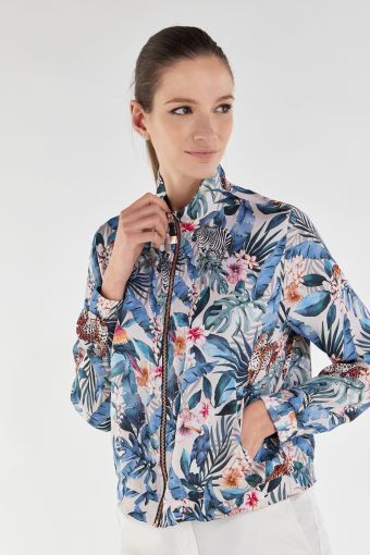 Viscose satin jacket with all-over jungle print