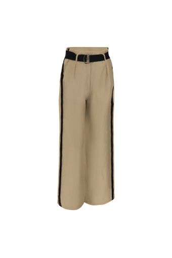 Mixed linen palazzo trousers, high waist and black and gold band