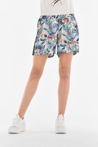 Viscose satin shorts with floral print and side strips