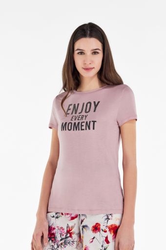 T-shirt in jersey modal con stampa ENJOY EVERY MOMENT glitter