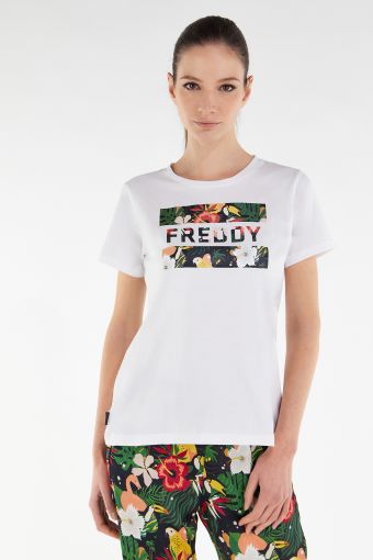 T-shirt jersey leggero riquadro floreale con lettering FREDDY