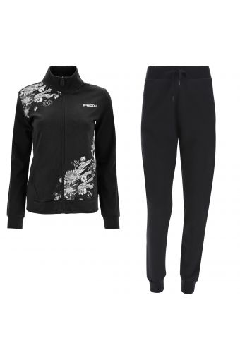 Sports track suit with grey and silver floral print.