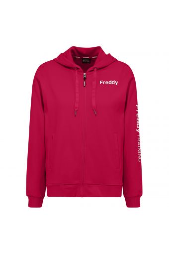 Sweatshirt mit Reißverschluss, Kapuze und FREDDY TRAINING-Aufdruck in Kontrastfarbe