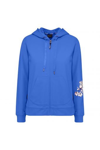 Full zip sweatshirt with hood and floral print on one sleeve