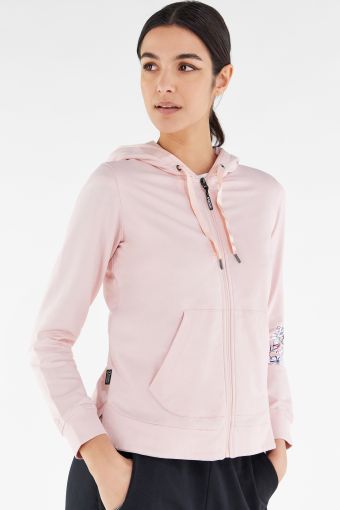 Full zip sweatshirt with hood and floral print on one sleeve