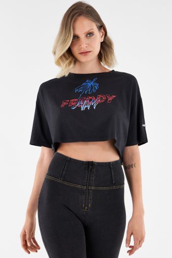 T-shirt cropped comfort in jersey modal con grafica frontale 