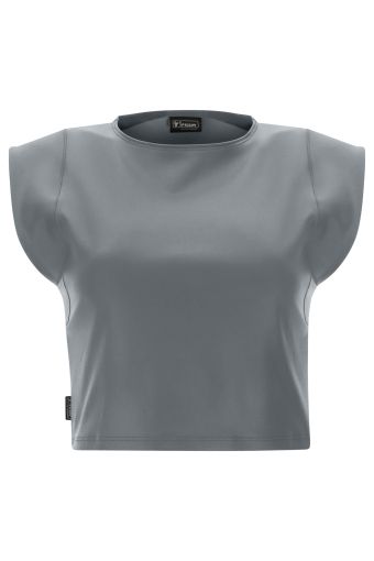 Crop top a girocollo in jersey coated metallizzato