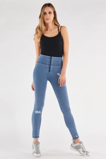 High-waist WR.UP® jeans in used-look light denim