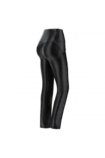 Black high-waisted faux leather WR.UP® shaping trousers with sequins