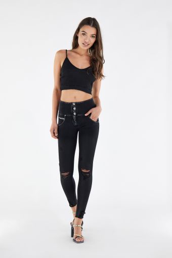 WR.UP® schwarz beschichtete, ökologische Denim-Webstoff-Jeans mit hohem Taillenbund und Rissen