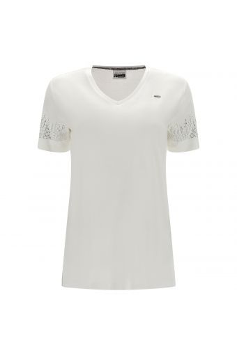 V-neck t-shirt with rhinestones on the sleeves