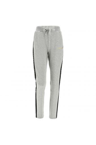 Melange grey trousers with black lateral bands trimmed with glitter and lurex embroidery