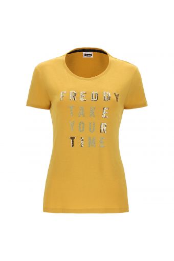 Viscose jersey t-shirt with a sequin and glitter print