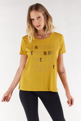 Comfort fit lurex jersey t-shirt with a glitter print trimmed in sequins
