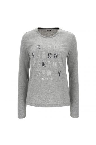 Melange grey long-sleeve t-shirt with sequin and glitter lettering