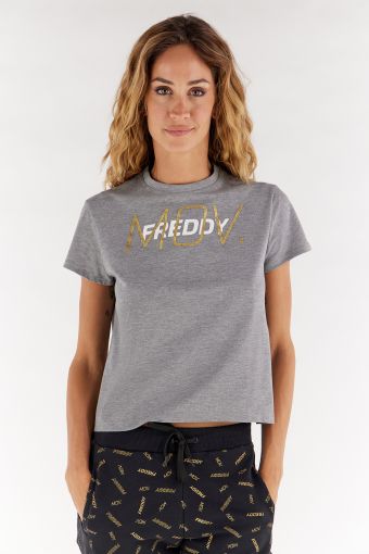 Melange grey comfort-fit t-shirt with a white print trimmed by gold glitter