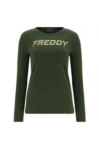 Long-sleeve modal t-shirt with a Freddy print in gold glitter