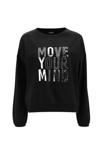 Comfort-fit sweatshirt with a silver Mylar print and rhinestones