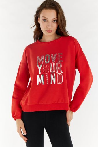 Comfort-fit sweatshirt with a silver Mylar print and rhinestones