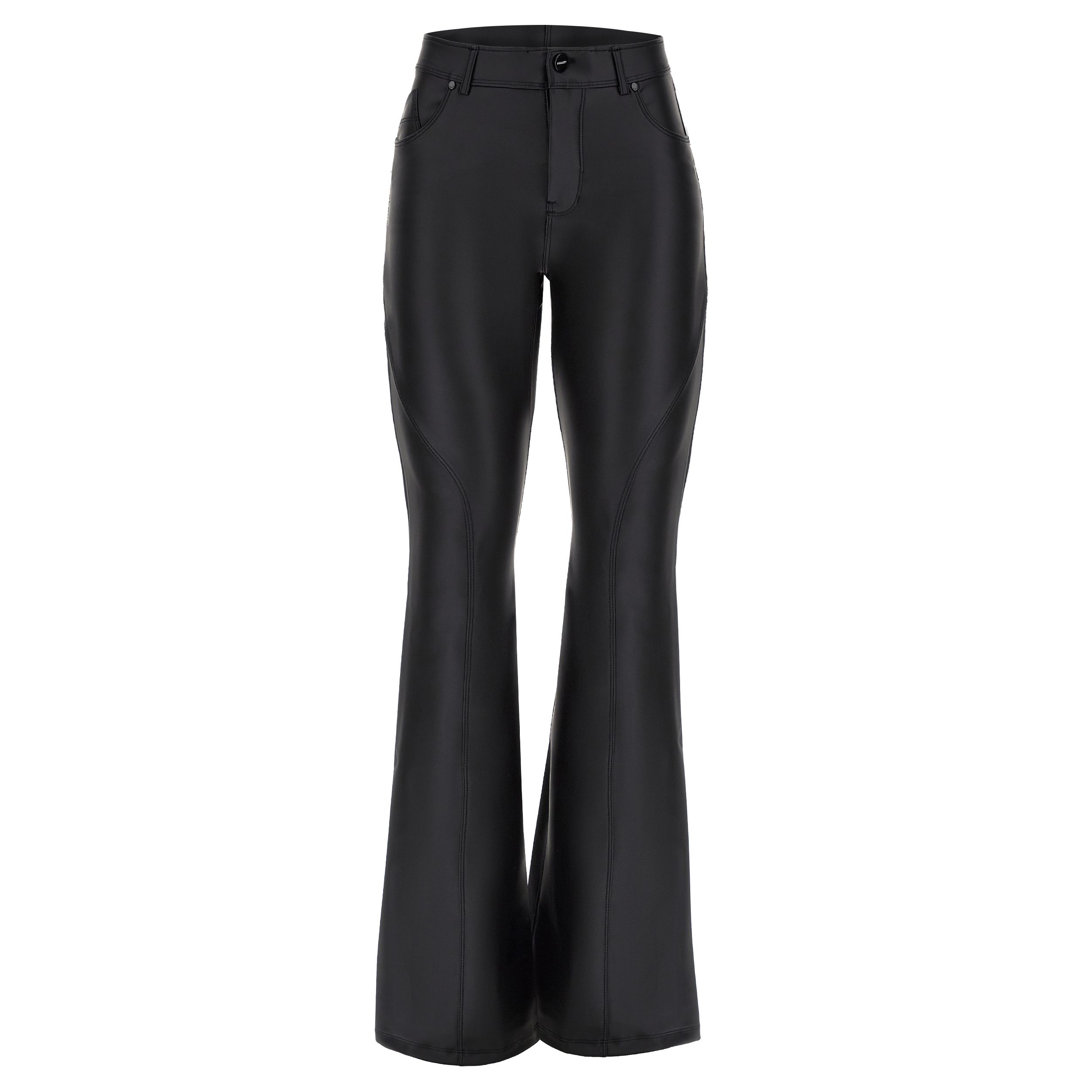 Super flare coated trousers with decorative stitching