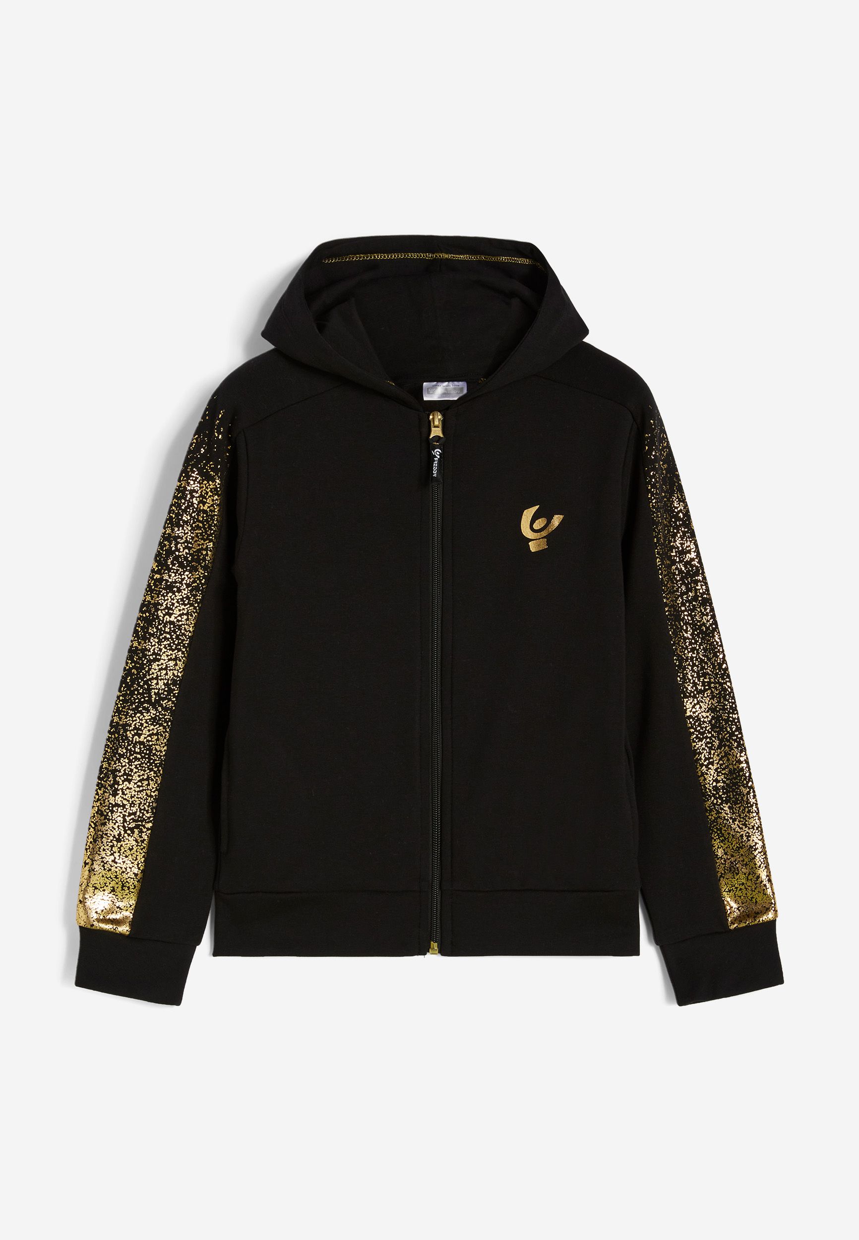 Felpa con zip e cappuccio da bambina con inserti oro degrad