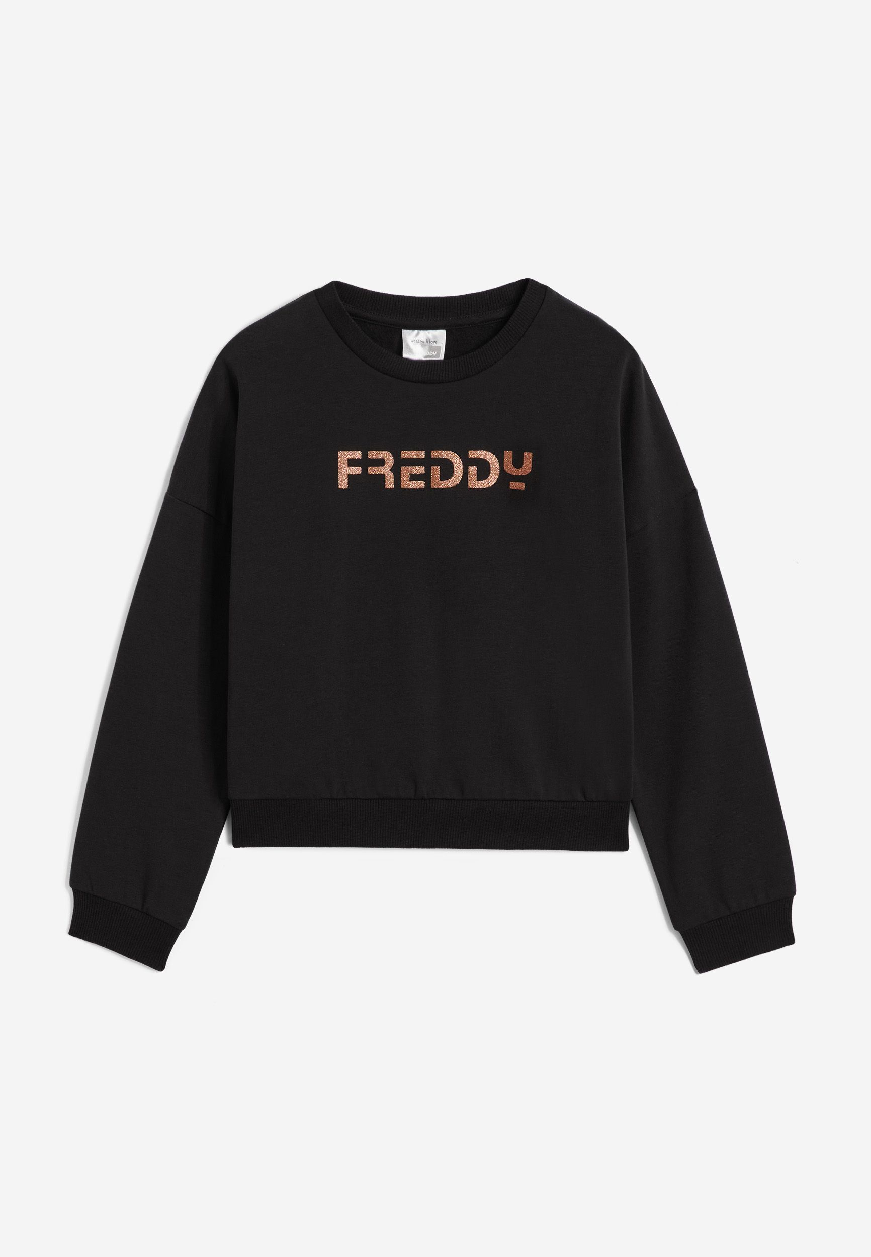 Girl s comfort fit crew neck sweatshirt with a glitter logo
