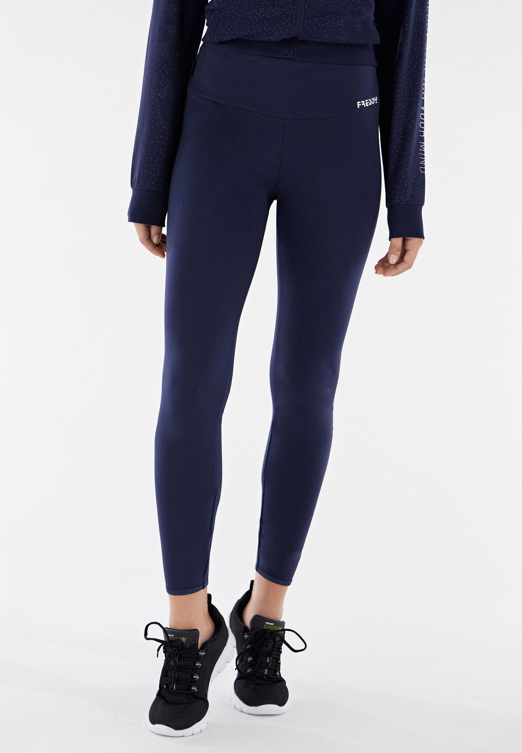 High-waist ankle-length fitness leggings with a silver dotted print
